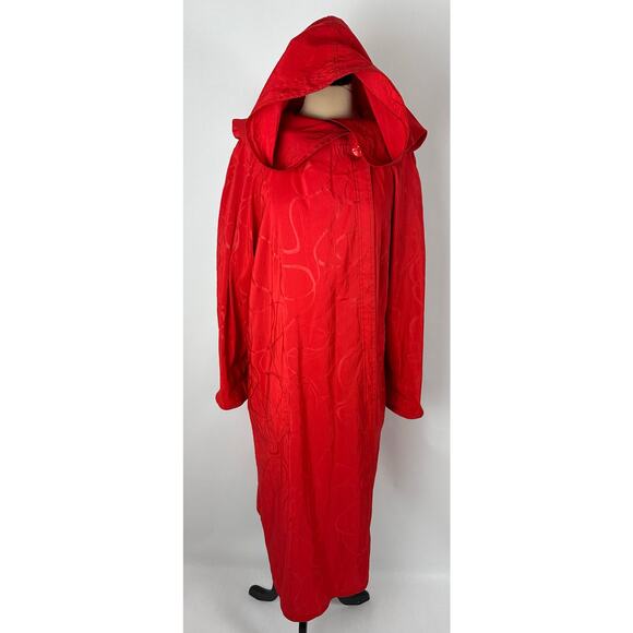 Vintage Red Rain Coat Cloak Size Medium Large Hooded Retro Chic Full Length 50s - Picture 8 of 13